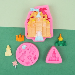 Pink silicone mold detail showing lighthouse, windmill and castle shapes for DIY cake decor