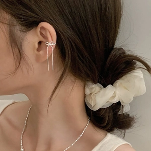Bowknot Tassel Ear Cuffs Copper Zircon Long Chain Non Pierced Earrings Korean Style Jewelry For Women