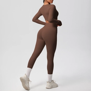 Women's dark brown long sleeve yoga set with high waist leggings and cropped top