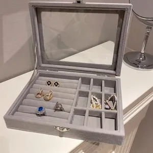 Velvet Jewelry Organizer Box With Transparent Glass Lid Multiple Compartments Lockable For Earrings Rings Necklaces Grey