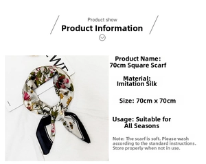 Detail view of 70cm faux silk square scarf featuring vintage floral print and black borders