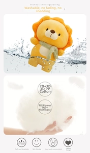 Detail showing the breathable 7D+3D PP cotton filling and washable lion plush toy