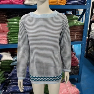 Detailed knit texture of the round neck striped sweater with blue and grey ribbed cuffs