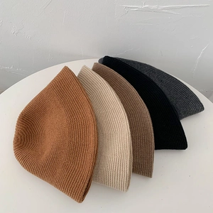Women Knitted Bucket Hat Acrylic Ribbed Warm Solid Color Casual Winter Autumn Fisherman Cap