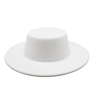 Detail of a white wool felt flat top wide brim hat with a smooth texture and clean finish