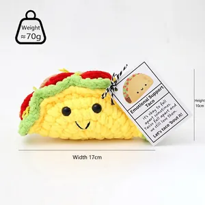 Handmade knitted taco plush doll with smiley face and emotional support card
