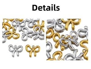 Macro detail of bow-shaped stainless steel charms in polished gold and silver finishes