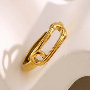 Minimalist 18K gold plated stainless steel safety pin ring with a polished metal finish