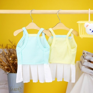 Dog princess dress with waffle texture and white pleated skirt in blue and yellow