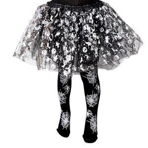 Halloween kids black tutu skirt with silver pumpkin print and spider web tights set
