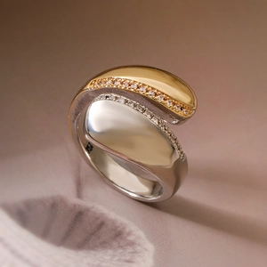 Two-tone geometric open ring for women featuring sleek lines and zircon accents