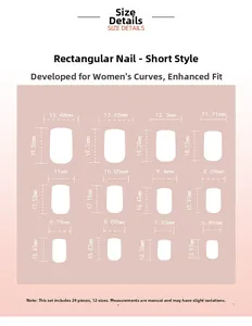 Size guide for French rose pink glitter press-on nails showing 12 different dimensions