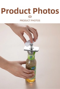 Close-up of manual stainless steel jar opener with white T-handle in use on glass bottle