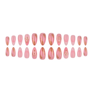 Pink almond press-on nails with golden floral patterns and metallic accents 24pcs set