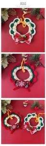 Detail of Christmas pet collar with crochet knitting red green bow and snowflake