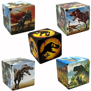 Macro detail of foldable dinosaur 3D geometric puzzle cube showing transformation states