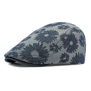 Béret vintage en denim avec motifs floraux de marguerites bleues sur fond gris