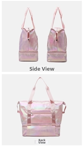 Detail of pink iridescent travel bag with bottom compartment and trolley sleeve