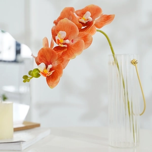 Realistic orange 5-head phalaenopsis orchid in a clear glass vase for home decor