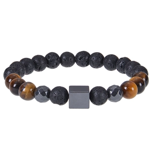 Natural Stone Round Bead Bracelet With Tiger Eye Lava Stone And Square Hematite Healing Yoga Jewelry For Men Women