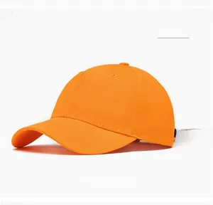 Detail of orange baseball cap with long security strap and adjustable tail design