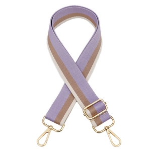 Adjustable striped fabric bag strap in purple and brown with gold metal buckles