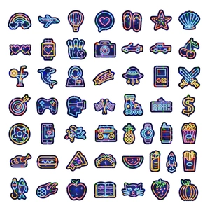 Collection of 56 colorful neon style vinyl stickers featuring assorted icons and patterns