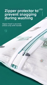 Detail of protective zipper cover and fine mesh on printed laundry bag for washing machines
