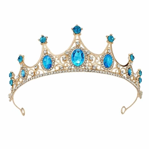 Golden princess crown with blue oval gemstones and white crystals for girls birthday