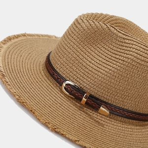Summer woven straw sun hat with brown leather belt and frayed brim detail