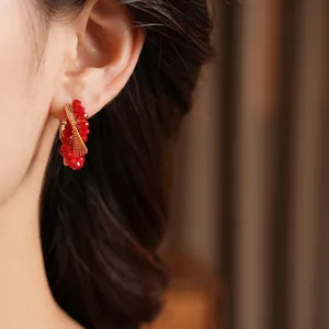 Elegant vintage C-shaped gold mesh earrings with red faceted crystal beads for women