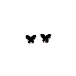 Minimalist titanium steel butterfly stud earrings with black inlay and silver beaded edges