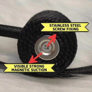 Black woven magnetic curtain tieback with a large stainless steel screw mount