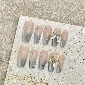 Coffin Press On Nails Gradient Blue Grey Handmade 3D Butterfly Rhinestone Star Reusable Long False Nails For Women