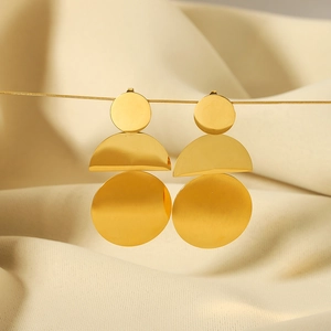 Chic 18k gold plated stainless steel geometric drop earrings with triple circular design