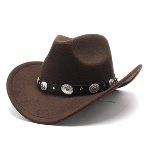 Brown wool felt western cowboy hat featuring a black leather band with silver metal studs