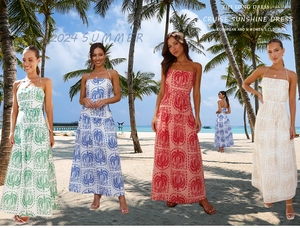 Robes d'été longues à licou avec imprimé de palmier en vert, bleu, rouge et beige