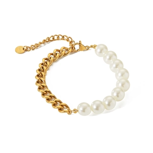 18K gold plated stainless steel Cuban chain and pearl bracelet with lobster clasp and extender