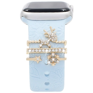 Close-up of gold reindeer and snowflake charms on light blue silicone watch band