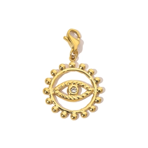 Detailed close-up of golden evil eye pendant with lobster clasp and sparkling zircon stone