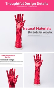 Makroaufnahme von roten Metallic-Opernhandschuhen aus Kunstleder mit Daumendesign