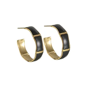 18K Gold Plated Stainless Steel Bamboo Style C Shaped Hoop Earrings For Women Retro Enamel Oil Drip Geometric Fashion Jewelry