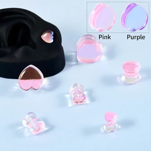 Heart Shaped Glass Ear Gauges Plugs Iridescent Pink Purple Smooth Saddle Stretching Body Jewelry Piercing Accessory