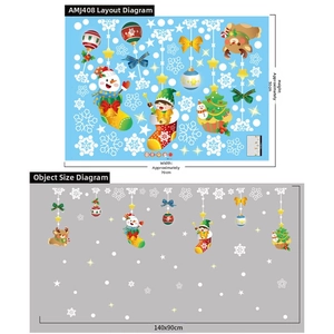 Detailed size chart for Christmas wall decals featuring snowman, elk, and snowflakes
