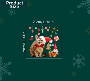 Christmas wall decal showing a festive cat with Santa and gifts, 29cm square design