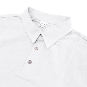 Detail of white linen blend polo shirt neck label showing 95% linen fabric composition