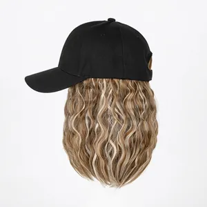Women's black baseball hat with attached long wavy light brown and blonde synthetic hair