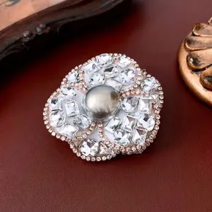 Handcrafted fabric flower brooch with grey pearl and rhinestones in French style
