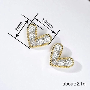 Gold heart stud earrings with cubic zirconia, size 10mm x 8mm, 2.1g pair