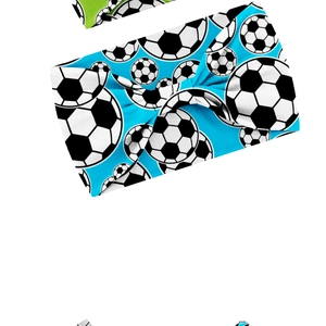 Detail shot of a 15cm wide elastic sports headband with soccer pattern in blue and green